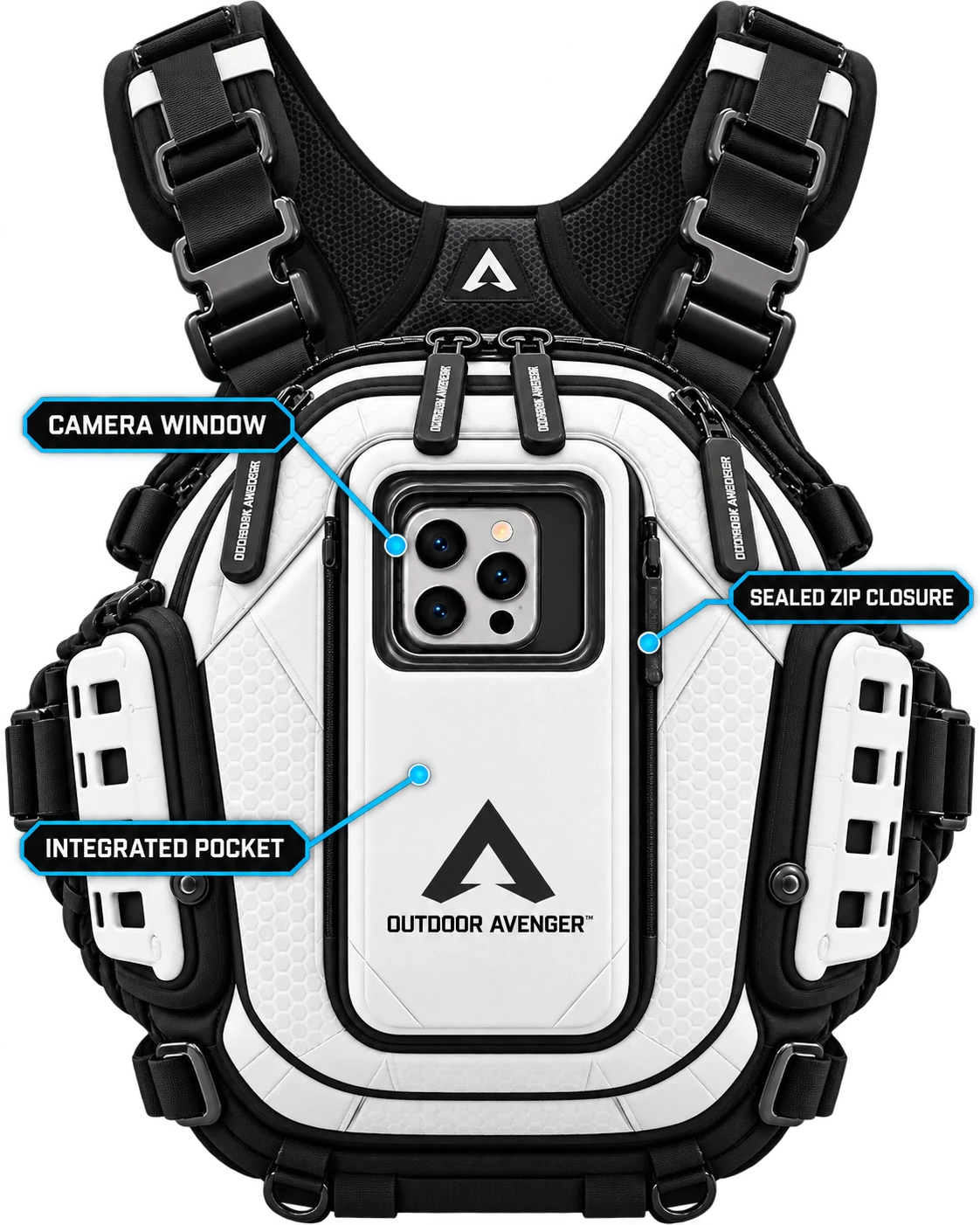Arctic White Vantage 3, front view, with callouts for the camera window, sealed zip closure and integrated phone pocket