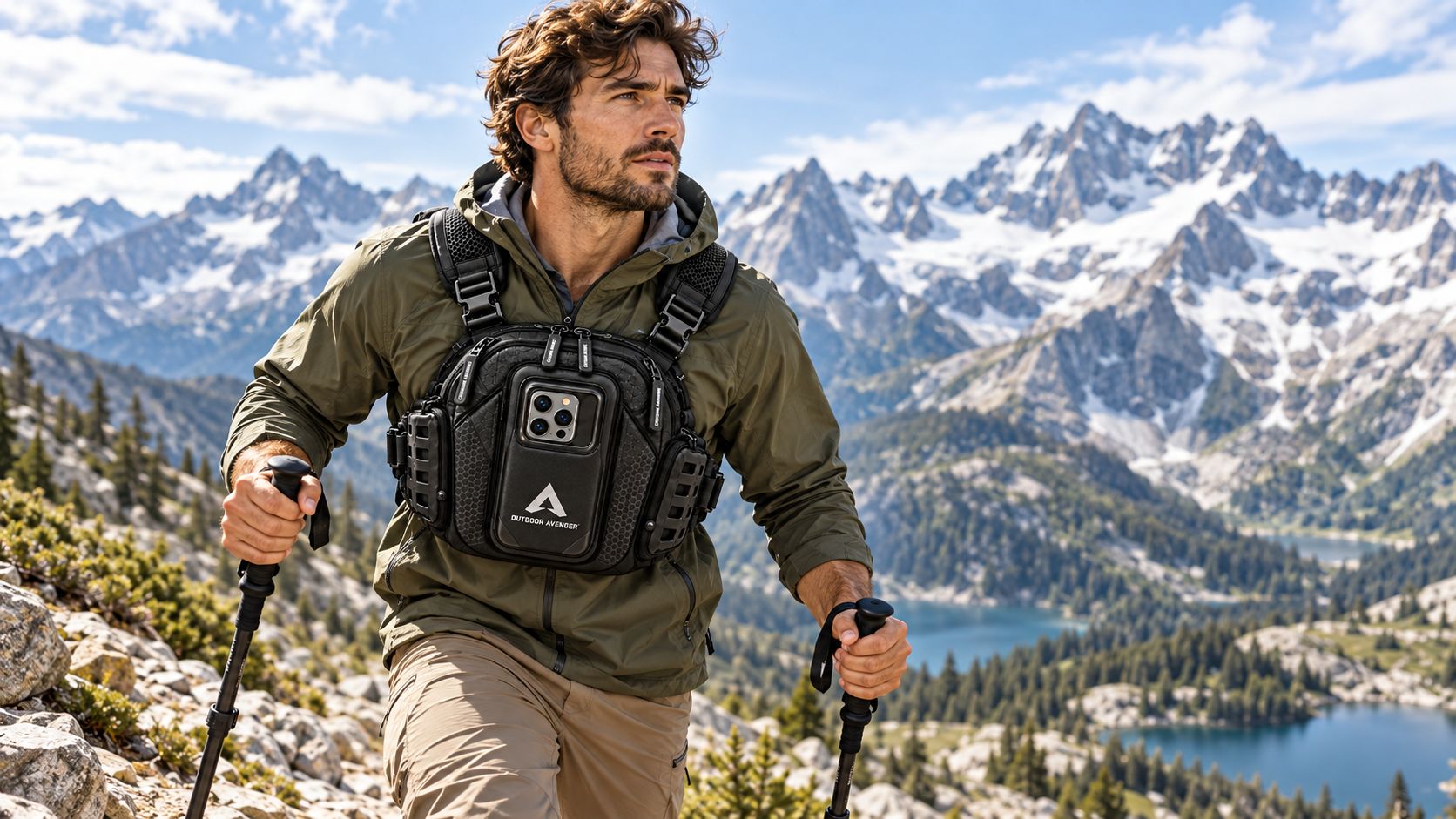 Hiker with trekking poles climbing an alpine trail above mountain lakes, wearing the Vantage 3 chest pack on the front of his torso