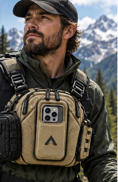 Hiker in a mountain forest wearing a Desert Tan Vantage 3 with a First Aid Pod mounted