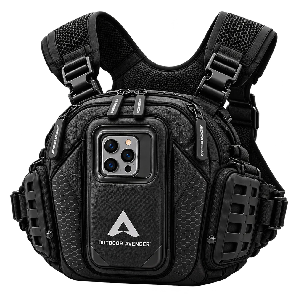 Vantage 3 in Tactical Black, three-quarter view showing harness, side panels and zip pulls