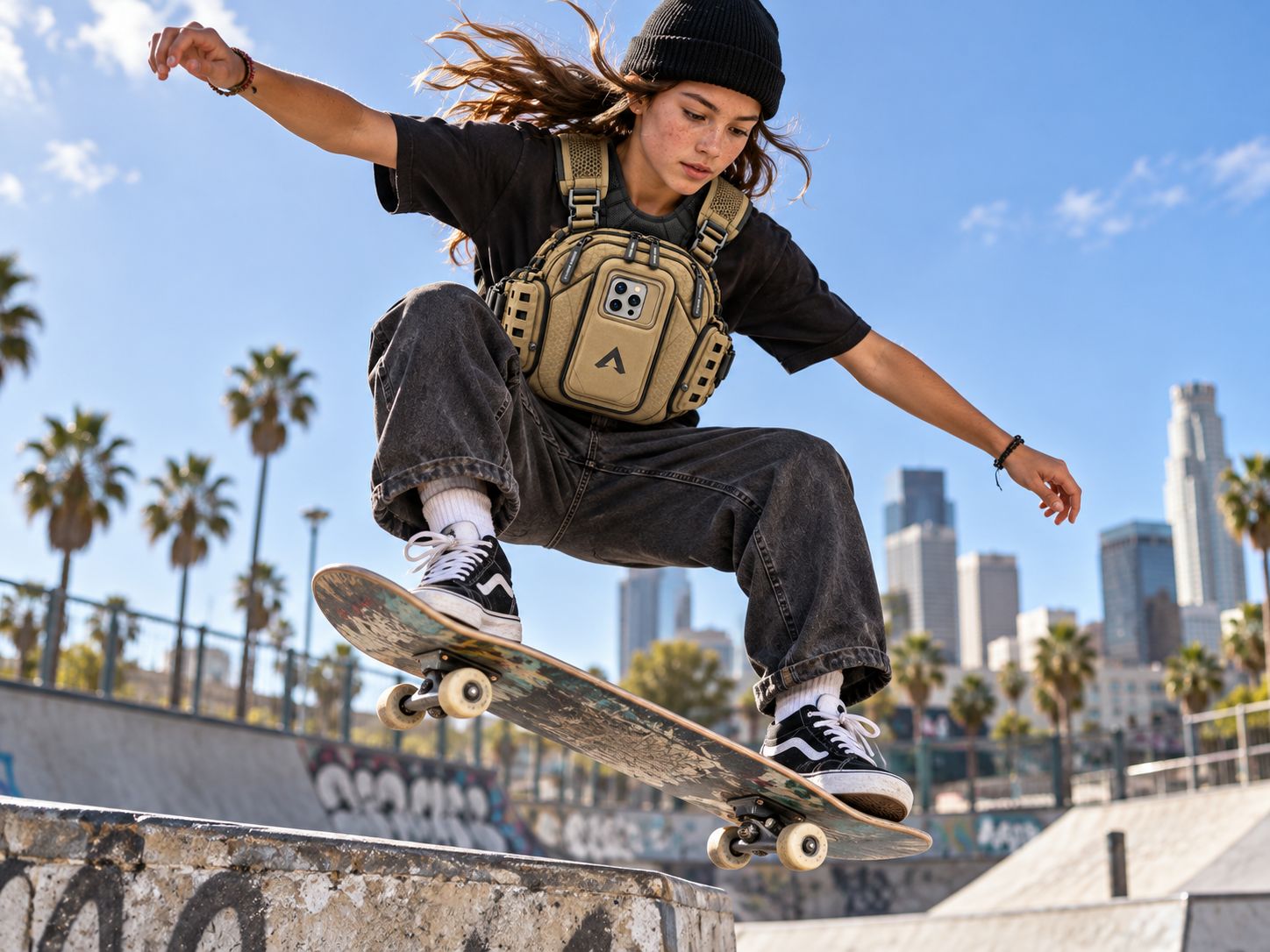 Skateboarder mid-ollie in a city skatepark wearing a Desert Tan Vantage 3