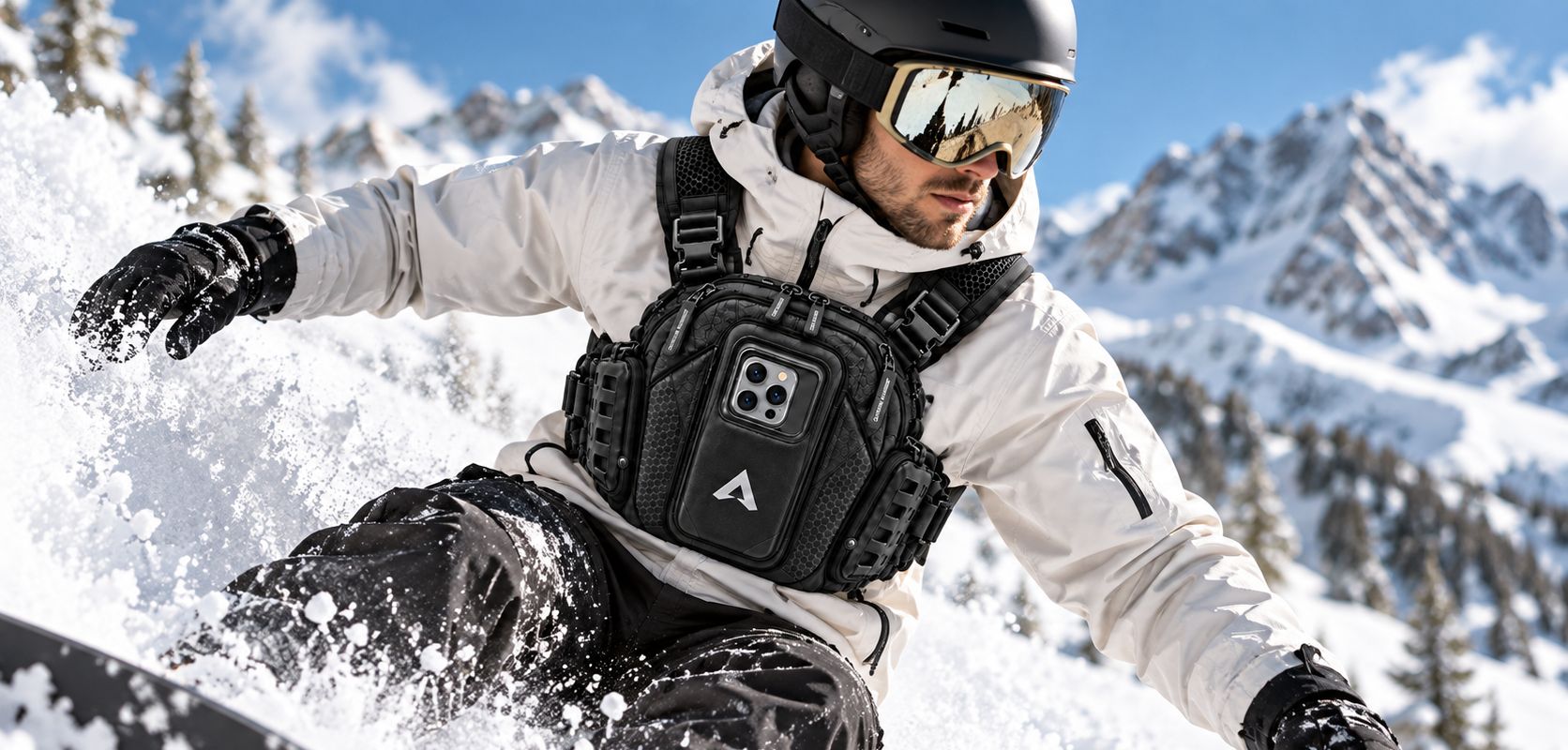 Snowboarder carving powder in a light jacket with a Tactical Black Vantage 3