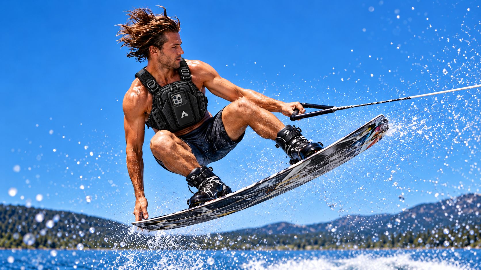 Wakeboarder in the air over a lake wearing a Tactical Black Vantage 3